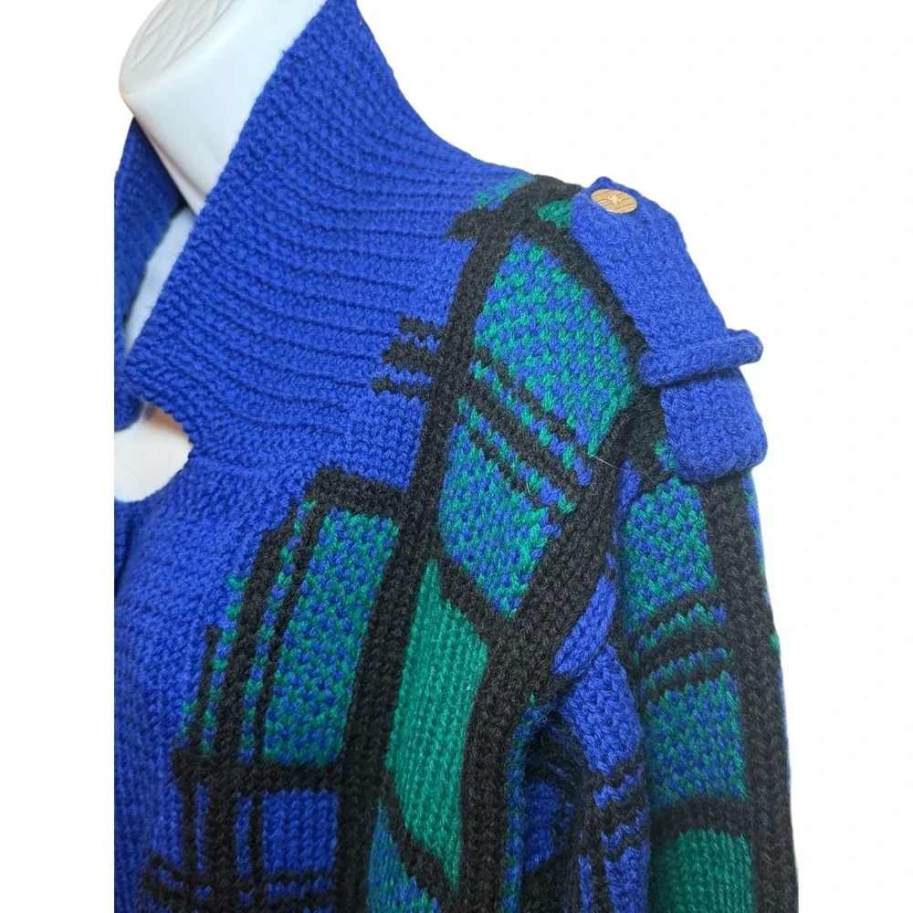 CARLISLE SPORT Plaid Wool Knit Sweater Jacket Blue Green Black Gold‎ Button M